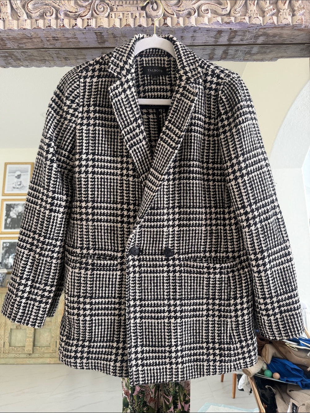 Talbots Black and White Wool Blend Tweed Plaid Double-Breasted Blazer
